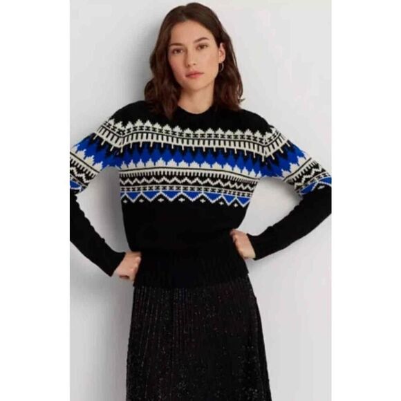 NWT Fair Isle Black Blue White Pullover Sweater Womens Extra Small - Picture 1 of 4